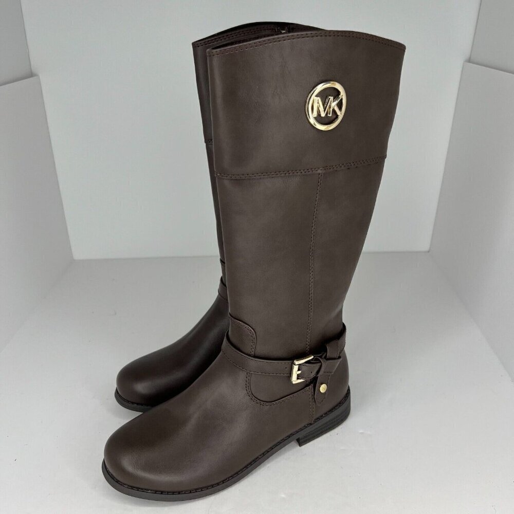 Michael Kors Girls Brown Flat Fully Zip Gold MK Logo Tone Size 3 Riding Boots - Picture 1 of 12